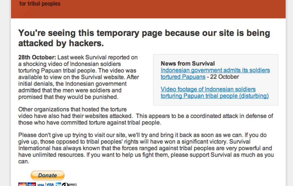 Visitors to Survival's website see a temporary message.