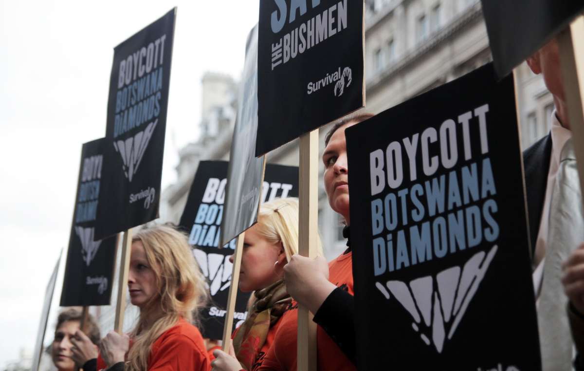 Survival International is calling for a boycott of Botswana diamonds until the Bushmen are allowed water.